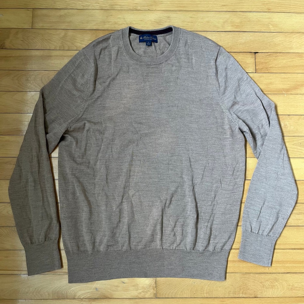 Brooks Brothers Merino Wool Sweater Mens Large Tan Italian Yarn Crewneck Knit